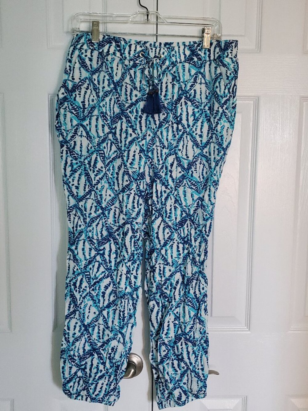 Lilly Pulitzer Piper Island Pants Joggers Womens Large Tassel Blue Hook Up 20487